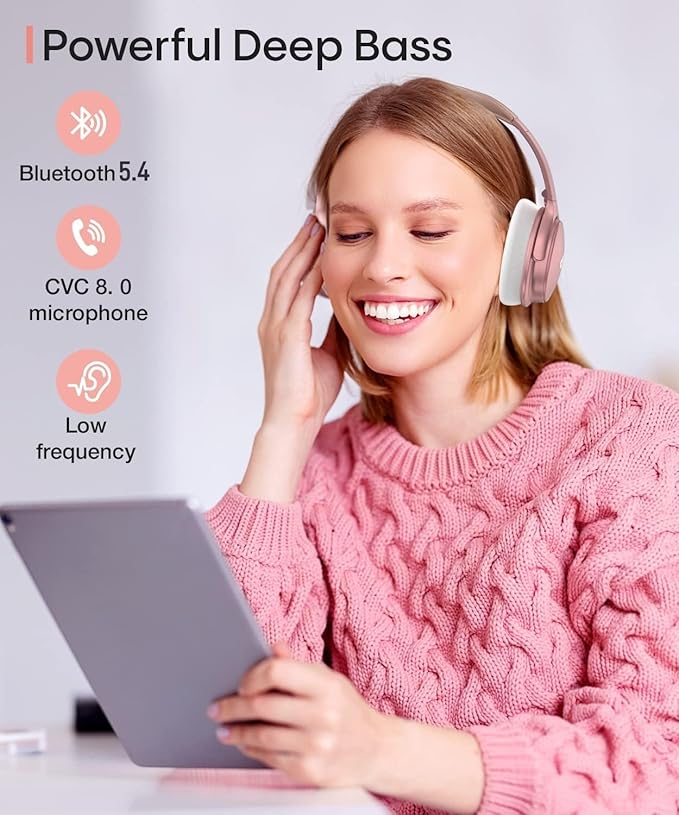 INFURTURE Rose Gold Active Noise Cancelling Headphones with Microphone Wireless Over Ear Bluetooth Headphones, Deep Bass, Memory Foam Ear Cups, Quick Charge 90H Playtime, for Travel/Sports/Audiobooks