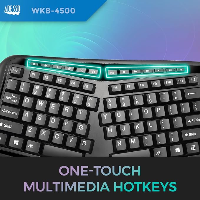 Adesso WKB-4500UB - Wireless Ergonomic Desktop Touchpad Keyboard, Split Keys Design, Palm Rest, Media Control Hotkeys, Long Battery Life - Compatible for Laptop/Desktop, Black