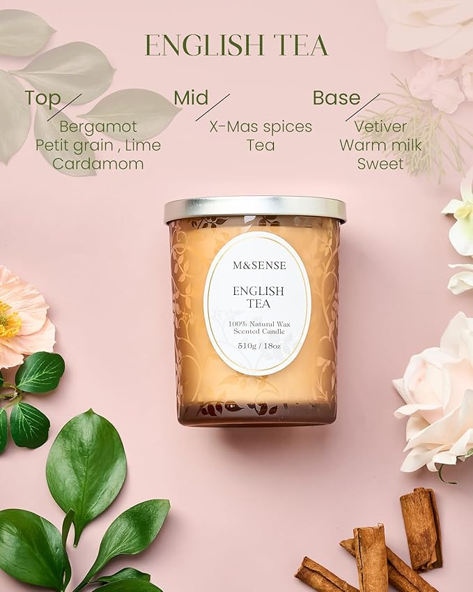 M&SENSE Lemon English Tea Candle, Wooden Wick Scented Candles, 100 Hours Long Burning No Toxin Natural Soy Wax 18oz, Calming Relaxing Home Fragrance, Housewarming Gifts for Men Women