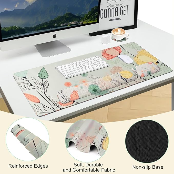 Petmolico Mouse Pad Set Wrist Rest with Keyboard Desk Pad,Mouse Pad with Wrist Rest,Typing Wrist Pad and Cup Coasters,Ergonomic Design for Typing Pain Relief[Light Brown,Big Flower]