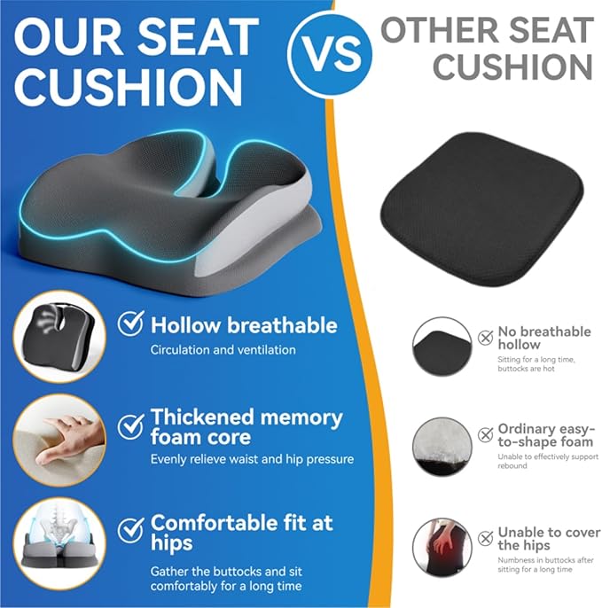 Seat Cushions for Office Chairs Wheelchair Cushion for Long Sitting Back Pain，Memory Foam Seat Car Computer Desk Chair Cushion，Coccyx Cushion for Tailbone Pain Relief Cushion Office Chair Butt Pillow