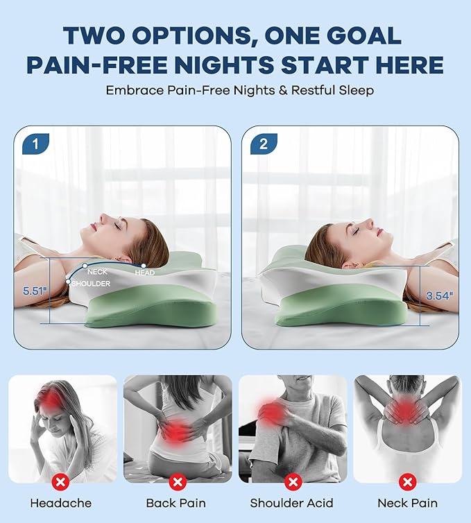 Cervical Pillow for Neck Pain Relief -Cooling Ergonomic Memory Foam Pillow with Ice Silk Pillowcase, Dual-Height Orthopedic Support Contour Pillow for Side/Back/Stomach Sleepers, CertiPUR-US Certified