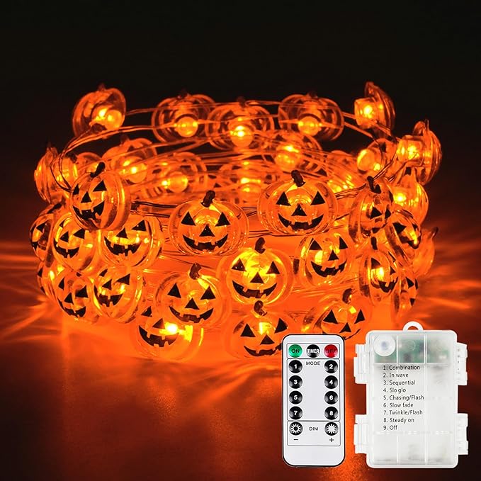 Halloween Fairy Lights Battery Operated 15Ft 40LED Orange Pumpkin String Lights 8 Modes with Remote, Warerproof Twinkle Lights with Timer for Indoor and Outdoor Halloween Decorations for Party Holiday