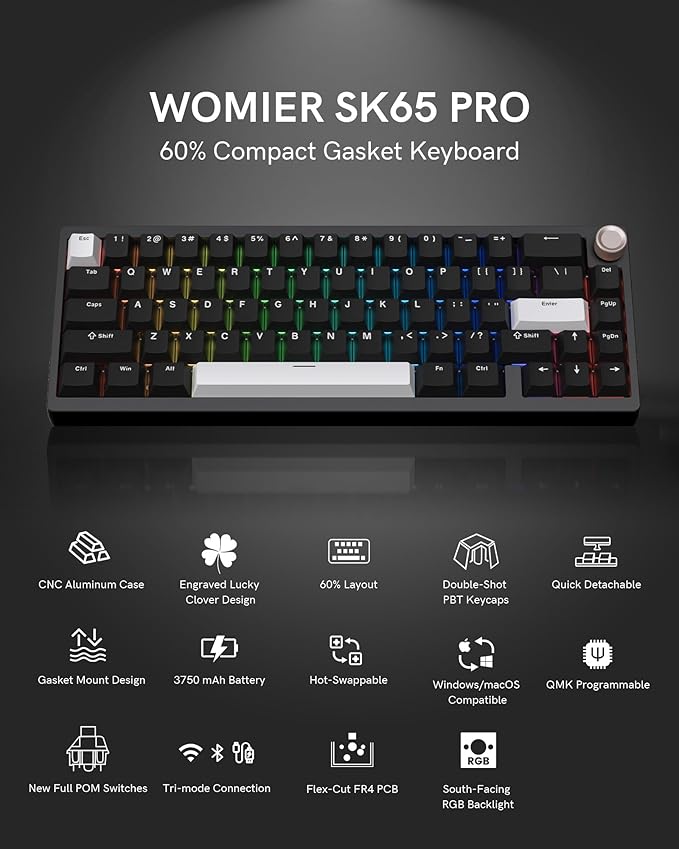 Womier SK65 Wireless Mechanical Gaming Keyboard with Knob, 60 Percent Aluminium Keyboard for PC, Bluetooth 5.0/2.4GHz/USB-C Wired, Hot Swappable Custom Lineaner Switch, RGB Backlit (Black V2)