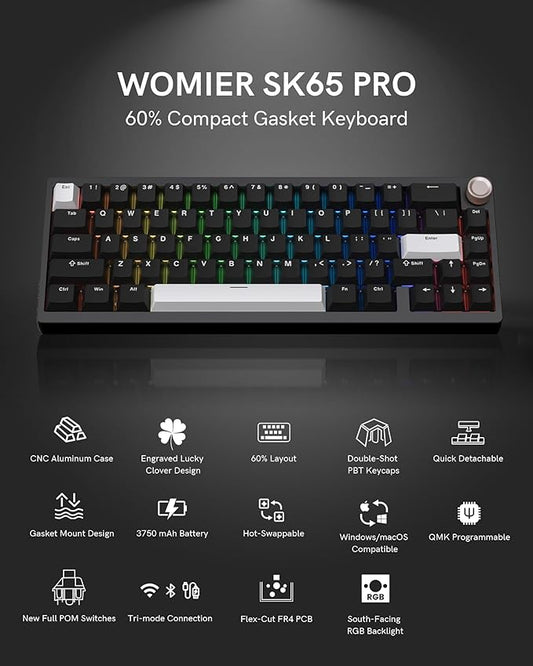 Womier SK65 Wireless Mechanical Gaming Keyboard with Knob, 60 Percent Aluminium Keyboard for PC, Bluetooth 5.0/2.4GHz/USB-C Wired, Hot Swappable Custom Lineaner Switch, RGB Backlit (Black V2)