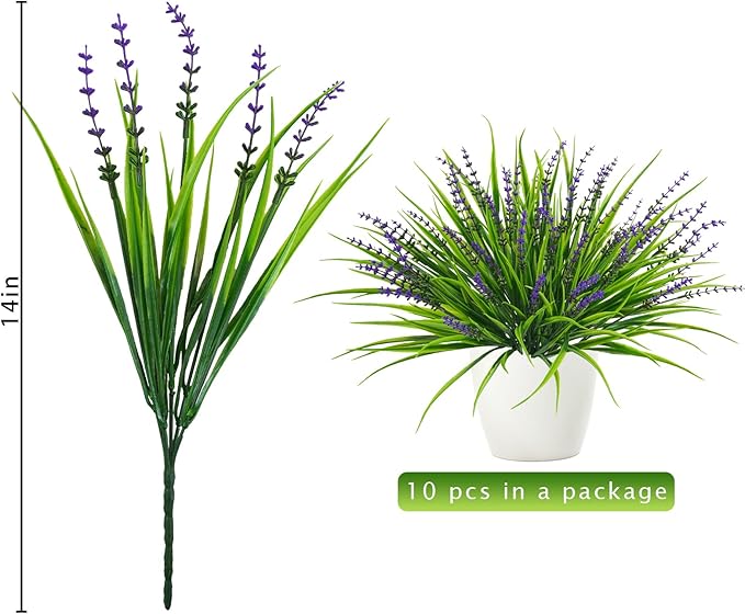 10 Pcs Artificial Plants Outdoor, UV Resistant Fake Outdoor Flowers Plants Faux Plastic Monkey Grass for Outside Front Porch Garden Window Box Home Office Planters Desk Decor (Purple)