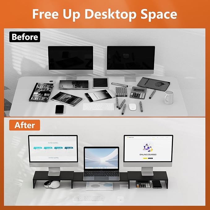 Triple Monitor Stand Riser, Extra Long Monitor Riser for 1~2~3 Monitors, Dual Monitor Stand with Length and Angle Adjustable, 3 Shelf Monitor Stand for Desk