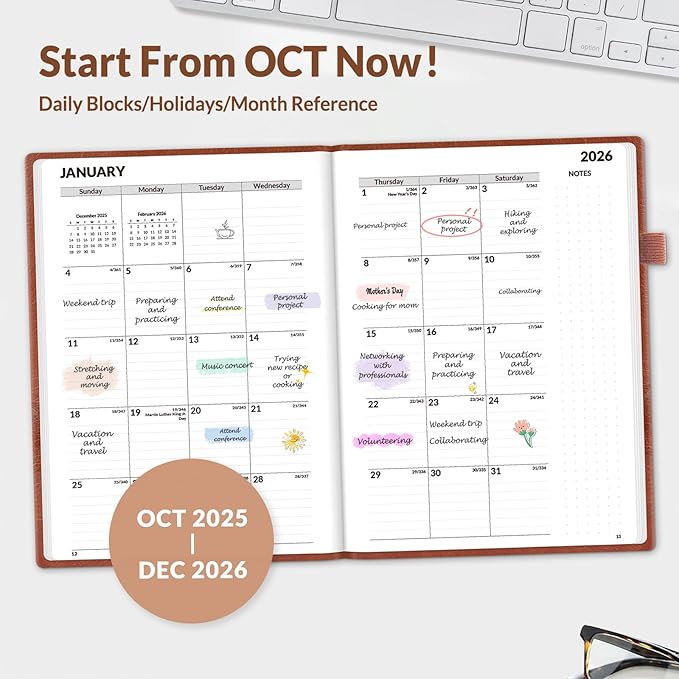 SUNEE 2026 Weekly & Monthly Hardcover Planner 5.5" x 8.3" - 12 Month (January 2026 - December 2026), Small Hardcover Planner, Pocket, Notes, 100 GSM Paper, Brown