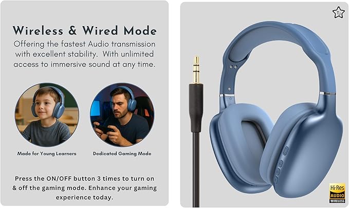 TJ Active Noise Cancelling Bluetooth Over Ear Headphones | Supersoft Leather Wireless Headset Wired Built-in MIC 24H Playtime High Res Audio Travel/Work/School/Students/Running/Gym (Blue)