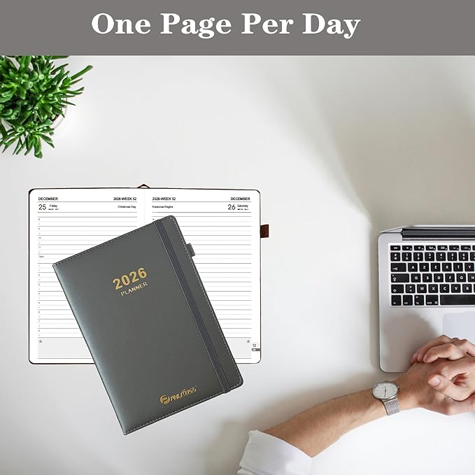 Daily Planner 2026 / Appointment Book, One Page Per Day, Jan - Dec 2026, Annual Daily Monthly Calendar Planner with Hourly Schedule and Monthly Tabs, 5.7" x 8.3" Agenda (Dark Gray)