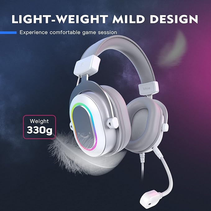FIFINE USB Gaming Headset, PC Headphones Wired with Microphone for Computer/Laptop, Over-Ear RGB Headset with 7.1 Surround Sound, Noise Cancellation for Streaming Video Game- AmpliGame H6 (White)