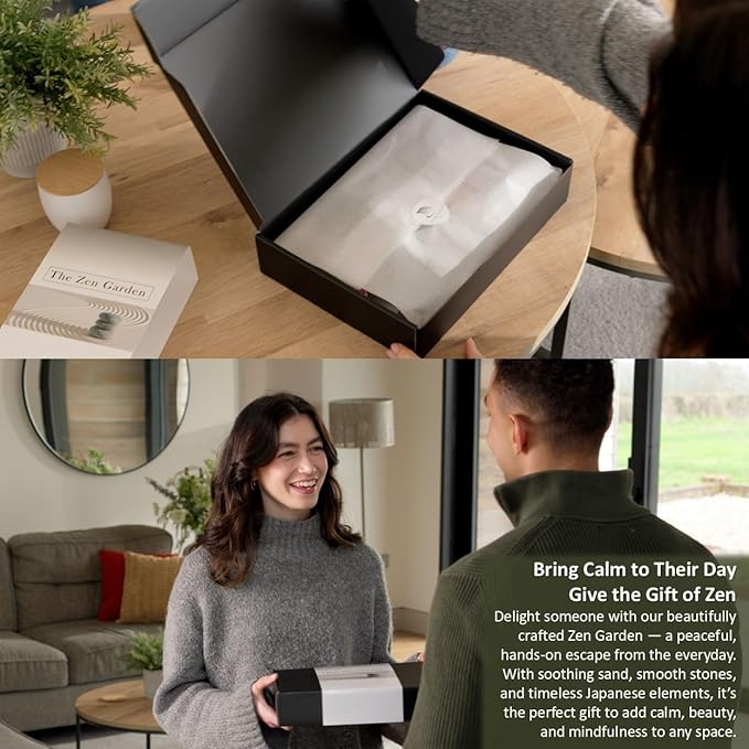 Zen Garden Kit 11x8in. Beautiful Japanese Decor Mini Rock Feature Gift Set for Home, Office Desk. Zen Sand Garden, 6 Tools, 15 Accessories. Sand Tray Therapy Desktop Meditation Room