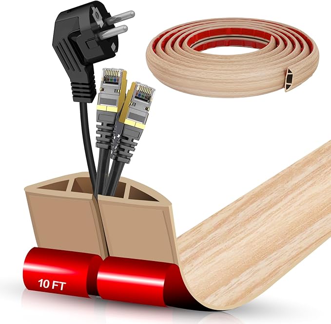 Floor Cord Cover Self Adhesive Cord Hider,10FT Cable Management, Extension Strip Protector for Wires, Prevent Cable Trips for Offices, Gyms, Exhibitions Cavity:0.51"(W) x 0.3"(H) WoodLightyellow