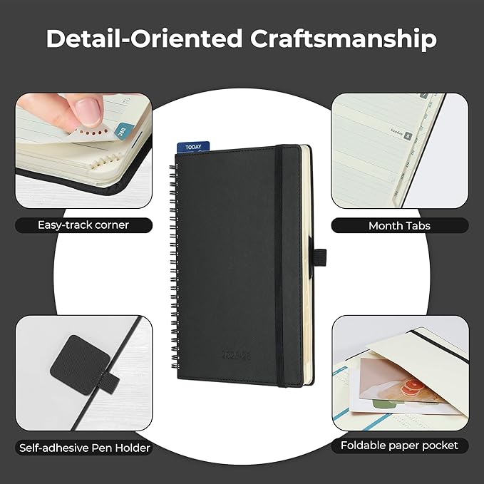 Planner 2025-2026 Daily Weekly and Monthly,8.5"x6.5",18 Months Spiral Bound Calendar Agenda with Self-adhesive Pen Holder,2026 Academic Plan with Vegan Leather Soft Cover,Black