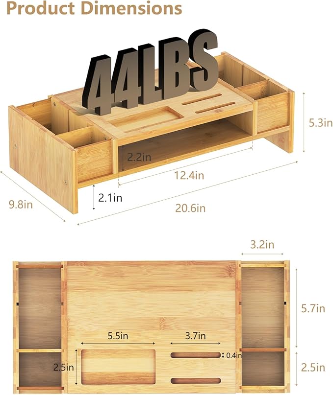 Ufine Bamboo Monitor Stand with Storage Compartments Ergonomic Computer Laptop Riser Small Space Organizer for Home Office