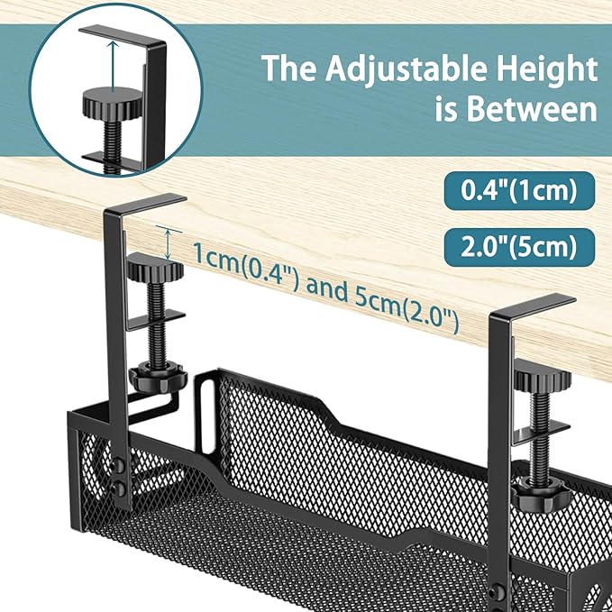 Under Desk Cable Management Tray, No Drill Mesh Desk Cable Tray, Wire Management Tray Cable Management Rack, Wire Organizer and Cable Management Box (Black)