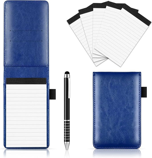 Xhwykzz 7 Pcs Small Pocket Notepad Holder Set with Pen, Mini Portable Leather Pocket Notebook for offices, schools, restaurants (Blue)