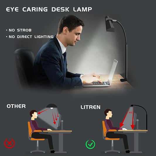litren Clip On Desk Lamps for Office Home Desk Lights with Clamp with 3 Light Modes,10 Brightness 10W USB Adapter Adjustable LED Clamp Light for Computer Desktop Workbench Monitor Lamp