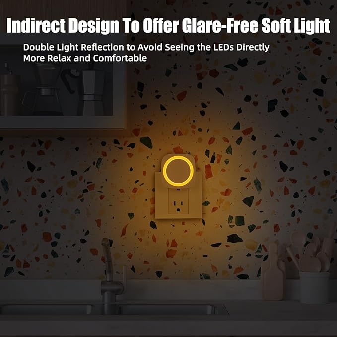 Amber Night Lights Plug into Wall, 4 Packs Dimmable Night Light with Dust to Dawn Sensor, Automatically Turn on and Off, Gentle Glow Nightlight for Bathroom,Bedroom,Stairs,Kitchen,Hallway, Amber