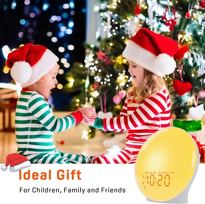 Wake Up Light Sunrise Alarm Clock for Kids, Heavy Sleepers, Bedroom, with Sunrise Simulation, Sleep Aid, Dual Alarms, FM Radio, Snooze, Nightlight, Daylight, 7 Colors, 7 Natural Sounds, Ideal for Gift