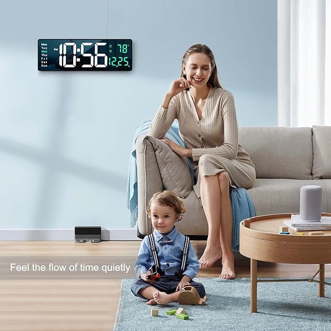 Digital Wall Clock Large Display, 16" with Remote Control for Living Room Gym Shop Warehouse Office Garage Decor, Auto Brightness Dimmer Reloj De Pared with Date Week Temp (Green)