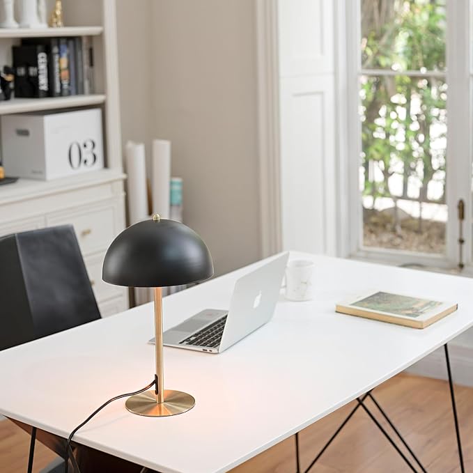 GLOBE Electric 52938 15" Desk Lamp, Matte Black Shade, Brass Accents, in-Line On/Off Rocker Switch, Modern Lighting for Bedroom, Office, Home Decor, E26 Base, Bulb Not Included, Timeless Lights