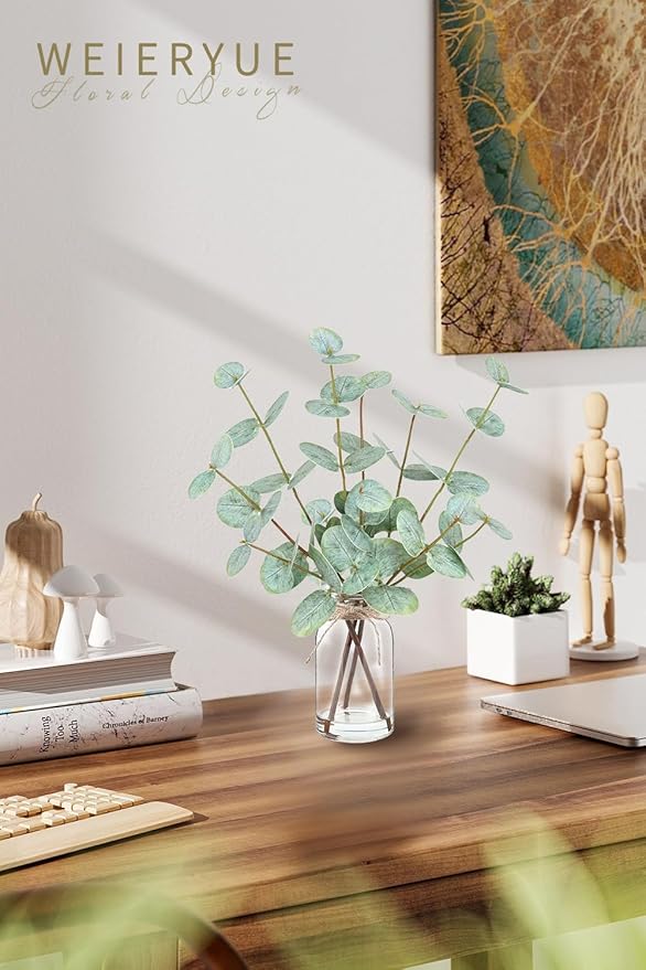 Artificial Eucalyptus Stems in Glass Vase with Faux Water,Artificial Plants Eucalyptus Leaves for Shelf Desk Bathroom Farmhouse Room Coffee Table Home Decor, Central Decoration.