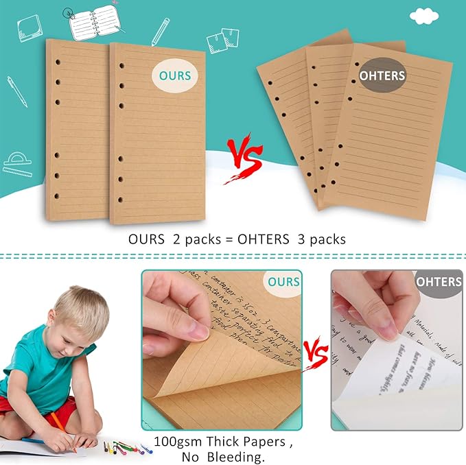 OMEYA A6 Refill Paper, 320 Pages A6 Loose Leaf Paper 6 Hole Notebook Refills for 6 Ring Refillable Binder Notebook Planner Diary Journals Painting Personal Organiser-Line Pages