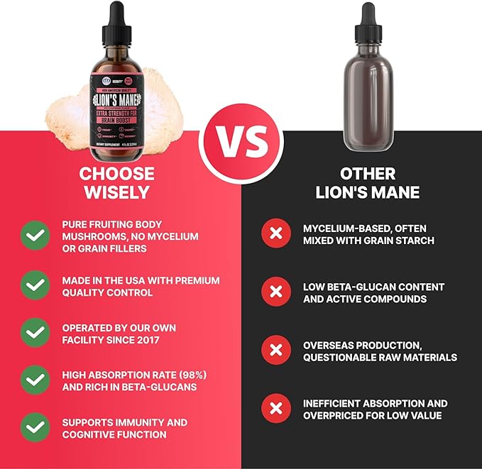 HERBIFY Lions Mane Supplement - Daily Mushroom Supplement for Memory, Focus & Clarity - Brain Booster - Lions Mane Tincture for Natural Immune Support - 4 Fl Oz Raspberry Flavor