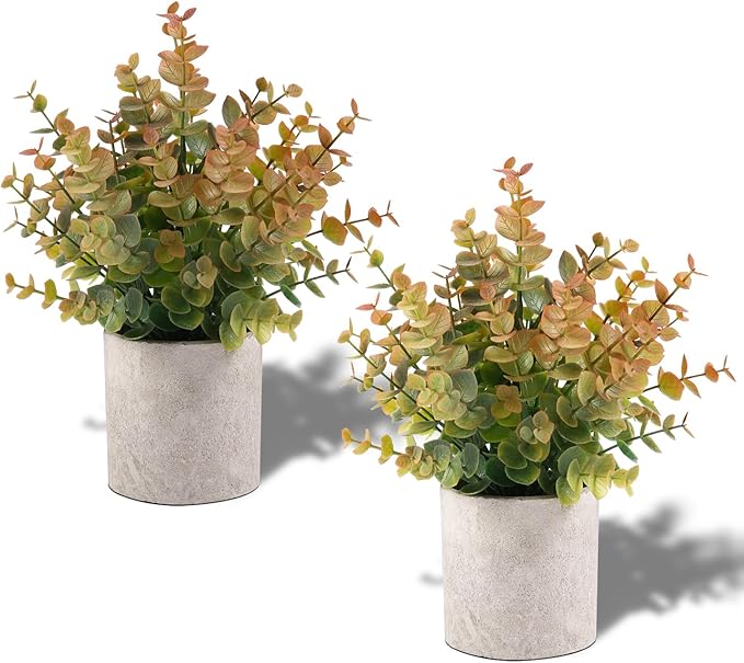 2 Pack Small Fake Plants Fall Eucalyptus Potted Artificial Plants for Home Shelf Office Bathroom Desk Farmhouse Room Coffee Table Decor Fall Decor(Yellow)
