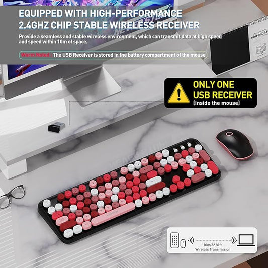 FOPETT 2.4GHz Wireless Keyboard and Mouse Set with Switch Button - Full-Size Keyboard - Compatible for Windows/Laptop/PC/Notebook/Smart TV and More - Black Colorful