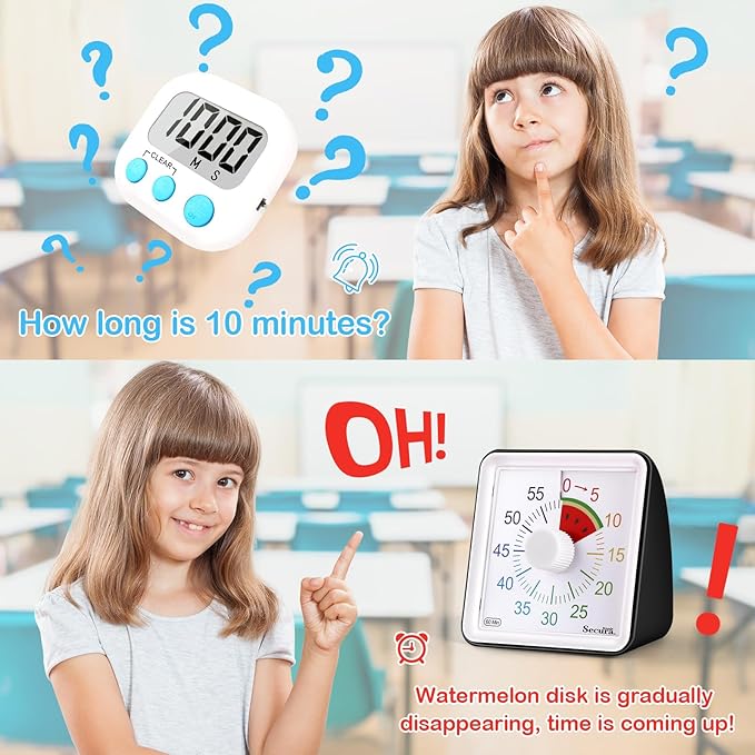 Secura 60-Minute Visual Countdown Timer for Kids & Adults, Classroom Time Management Tool (Black)