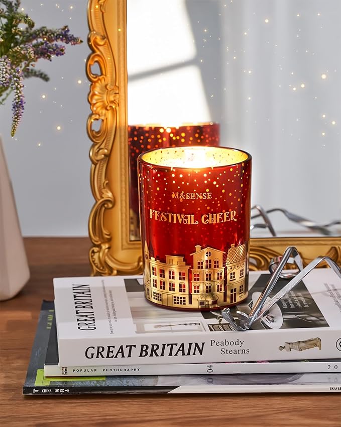 M&SENSE Festival Cheer Wooden Wick Holiday Candle, 18oz Almond & Apple Highly Scented Clean Natural Soy Wax Candle, 100 Hours Burn Candle, Aromatherapy Large Candle for Housewarming Bathroom Bedroom