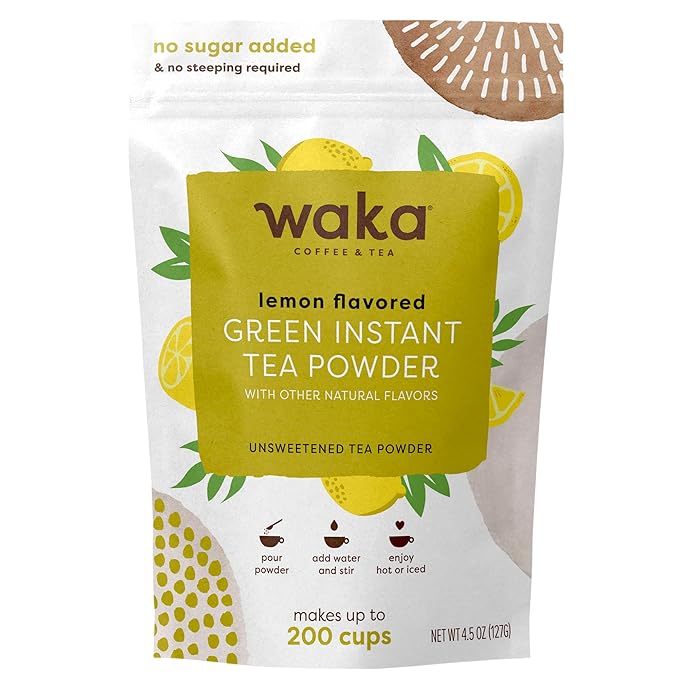 Waka Instant Green Tea Mix, Lemon Flavored - 100% Tea Leaves, No Additives, Unsweetened Tea Powder in Bulk Pouch – Easy Quick Hot and Iced Teas, Up to 200 Cups (4.5oz)