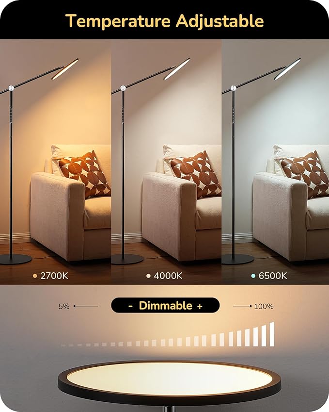 EDISHINE LED Floor Lamp for Reading, 1600LM Bright Dimmable Lamp with Type-C Port, Head & Arm Rotating, 3000K-6000K Tall Modern Minimalist Standing Light for Living Room, Bedroom, Office, Black
