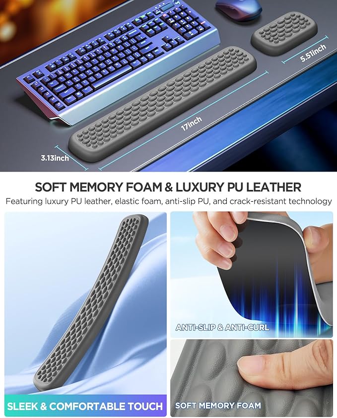Lekvey Ergonomic Keyboard Wrist Rest - Memory Foam with Massage Points & Waterproof PU Leather Wrist Pad, Carpal Tunnel Support for Office Computer/Gaming, Typing Pain Relief, Easy-Clean（Gray）