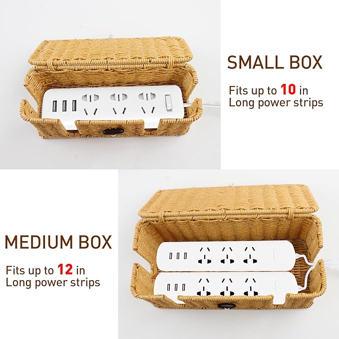 Cable Management Box - 2 Pack Cord Hider Organizer Boxs - Small & Medium Szie Power Cover Cord Box, Handwoven Rattan Cable Organizer for TV Computer USB Hub Power Strips & Cords