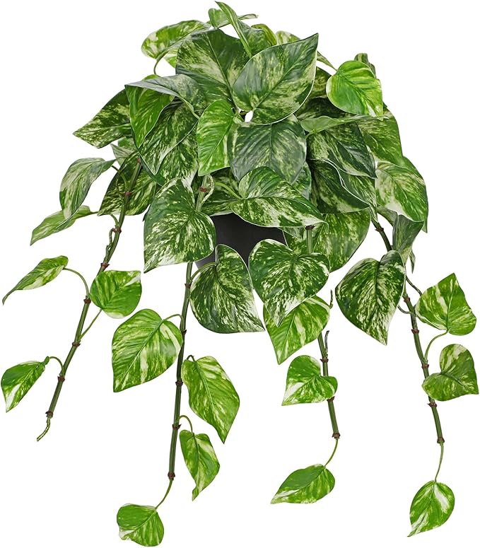 Hollyone Artificial Hanging Pothos Plants Potted Fake Ivy Faux Pothos Vine Leaves Hanging Greenery Plant in Black Pot for Home Indoor Tabletop Bedroom Patio Shelf Office Decor