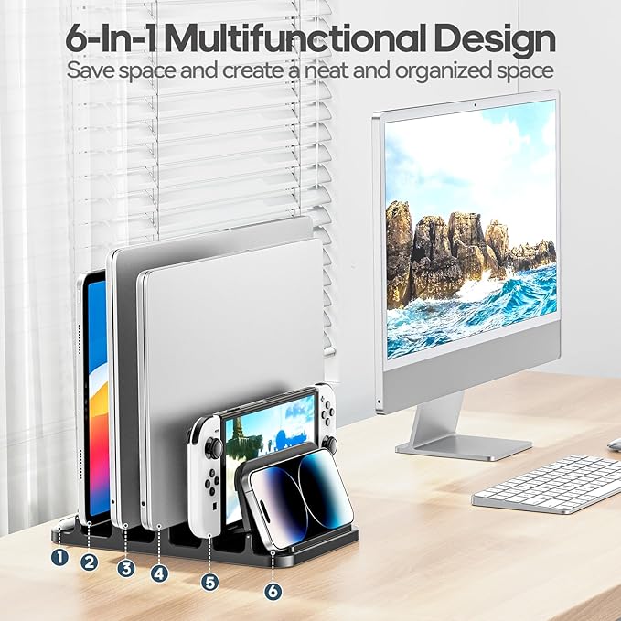 KDD 4-Slot Vertical Laptop Stand with Gravity Locking, 6-in-1 Laptop Holder Desktop Stand, Space-Saving Organizer Fits MacBook/Surface/HP/Dell/Book/Tablet/Switch/Cell Phone and Keyboard