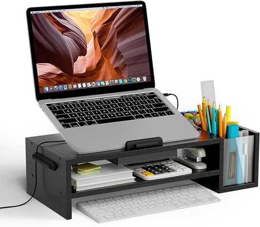 Adjustable Wood Laptop Stand, Ergonomic Height & Angle Stand with Pen Holder – Compatible with MacBook Air/Pro, Dell, HP, Lenovo & 10-17.3" Laptops – Black