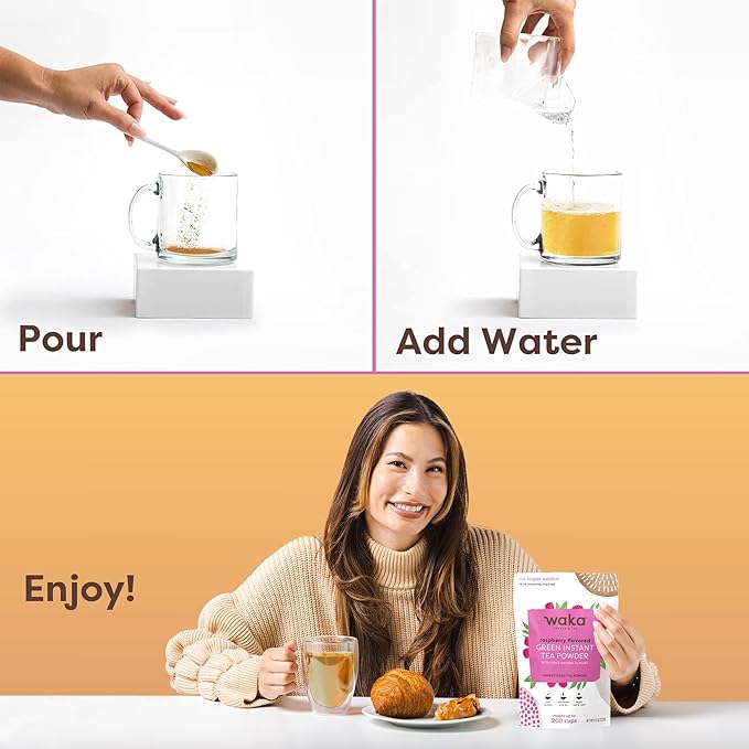 Waka Instant Green Tea Mix, Raspberry Flavored - 100% Tea Leaves, No Additives, Unsweetened Tea Powder in Bulk Pouch – Easy Quick Hot and Iced Teas, Up to 200 Cups (4.5oz)