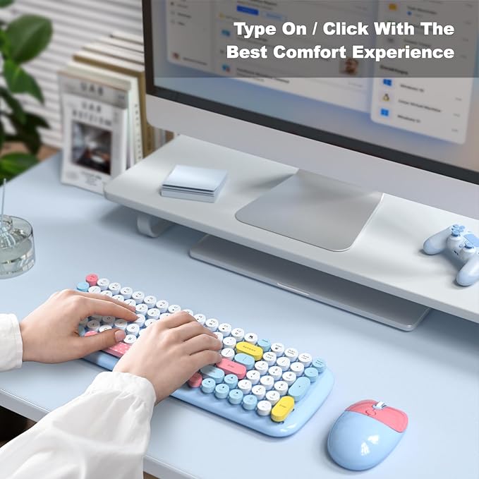 MOFII Wireless Keyboard and Mouse, USB 2.4GHz Full Size Typewriter Keyboard and Cute Cat Shape Design Mouse Combo for Windows 7/8/10, Laptop, Desktop, PC, Computer (Blue Colorful)