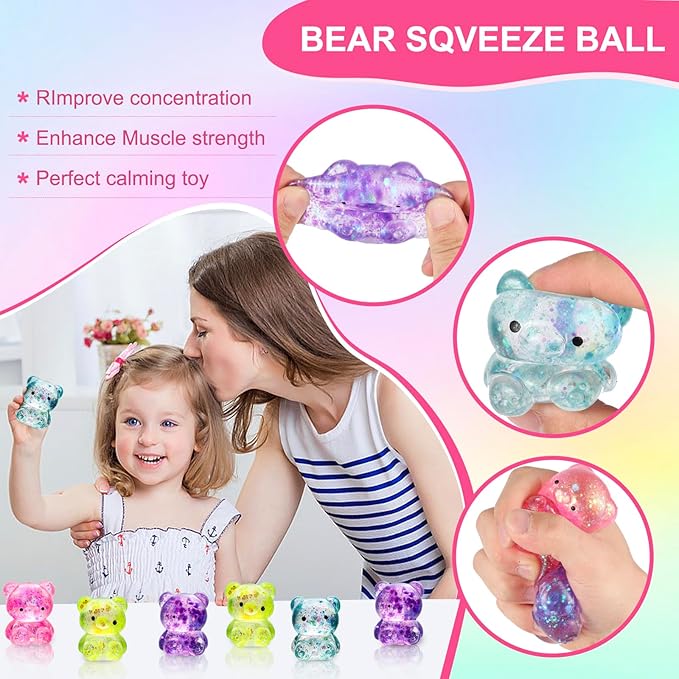8 Pack Bear Squishy Toys, Glitter Colorful Sensory Stress Balls for Anxiety Relief, Squishy Balls Fidget Toys for Kids Adult, Squeeze Balls Bulk, Party Favors Goodie Bags Stuffer for Boys Girls