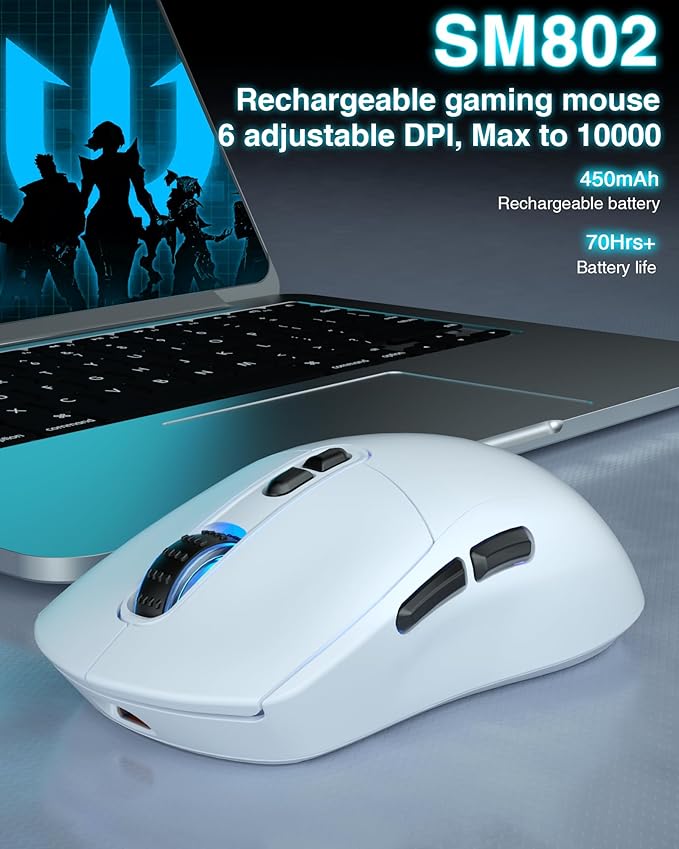SM802 White Wireless Gaming Mouse,10000 DPI,Tri-Mode Wired/BT 5.0/2.4GHz Wireless Mouse Gaming with Side Button,RGB Programmable Macro Mouse for Laptop