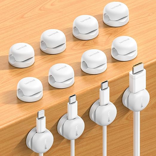 Lamicall Spring Cord Organizer, Office Desk Accessories - 12Pack Compact Desk Cable Management Holder Clips, Nightstand Phone Charging Cord Holder, 8mm Slot Adhesive Wire Organizer, White