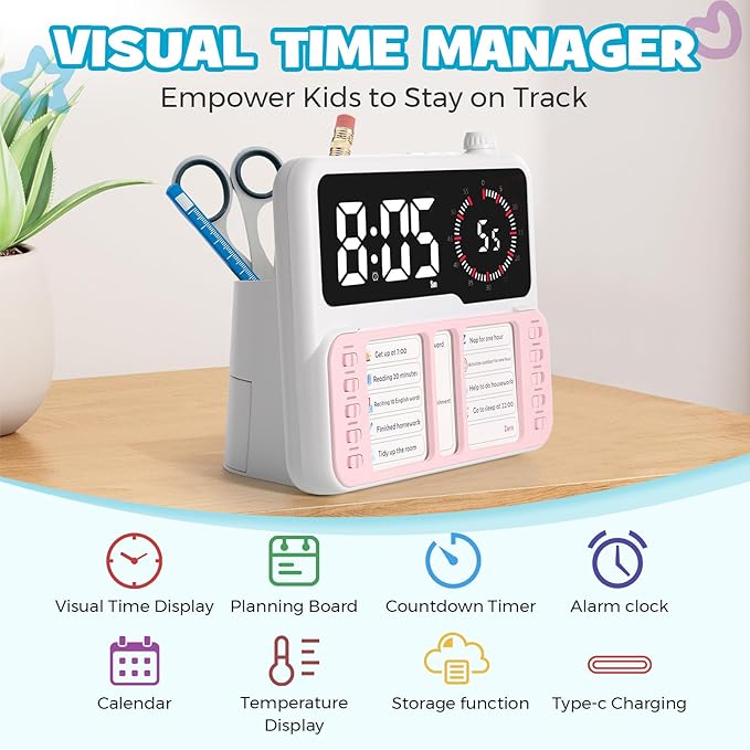 7-in-1 Visual Timer for Kids & Adults with Task Planner – ADHD Time Management Tool with Alarm, Countdown, Calendar, Temperature Display & Storage – Ideal for Home, School (Pink)