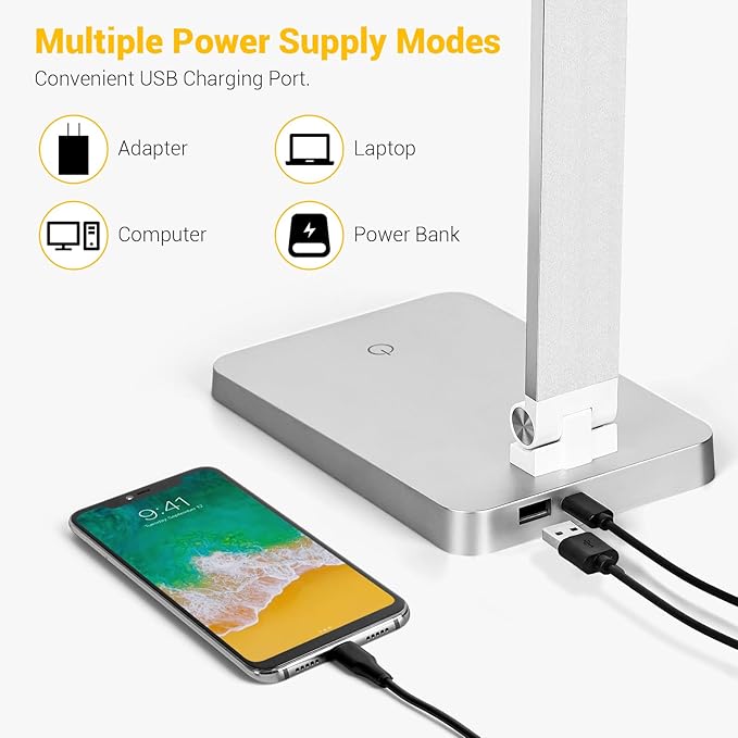LED Desk Lamp for Home Office, 3 Levels Dimmable Desk Light with USB Charging Port, Small Study Lamp, Reading Light for Table, Silver, 5000K