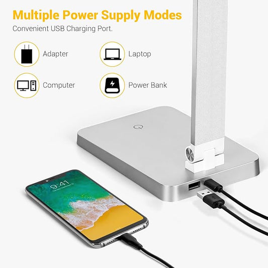 LED Desk Lamp for Home Office, 3 Levels Dimmable Desk Light with USB Charging Port, Small Study Lamp, Reading Light for Table, Silver, 5000K
