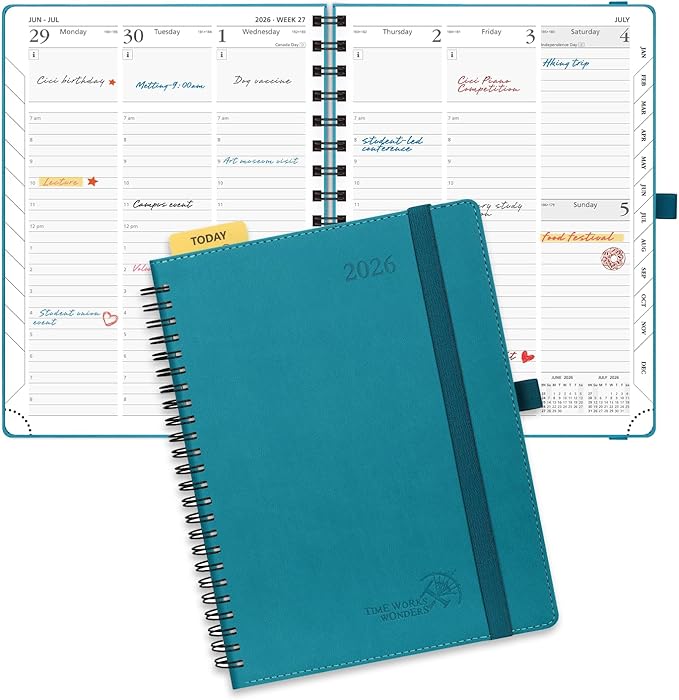 POPRUN 2026 Planner (Medium - 6.5'' x 8.5'') with Hourly Schedule, Vertical Layout - 2026 Weekly Calendar (Jan. 2026 - Dec.2026) for Time Management, Monthly Tabs, Spiral Bound, Soft Cover - Pacific Green