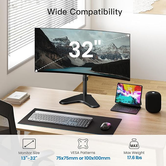 HUANUO Adjustable Monitor Stand, Freestanding Desk Stand for 13-32 Inch Screens with Full Motion Swivel - Heavy Duty Steel Base Holds 17.6lbs (VESA 75x75/100x100mm)